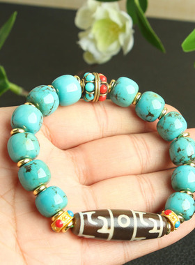 DIY松石手链乌兰花网花松圆珠老型珠 景泰蓝加南红玛瑙尼泊尔风