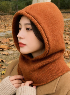 跨境宽松山羊绒加厚休闲帽子围脖连帽毛巾绣套头护耳针织法帽