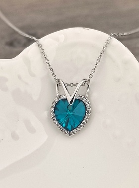 蓝色海洋之心爱心锆石锁骨链