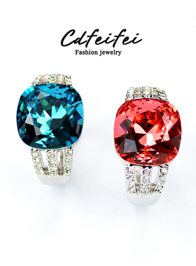 韩版潮人湖蓝红水晶大气满钻戒指