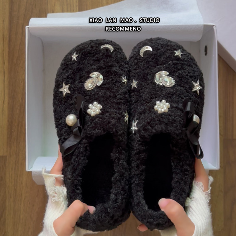 黑色绝美毛毛鞋2025秋冬新款厚底包头加绒棉鞋室内居家毛绒勃肯鞋,淘宝优惠券,粉丝福利购,淘宝优惠卷