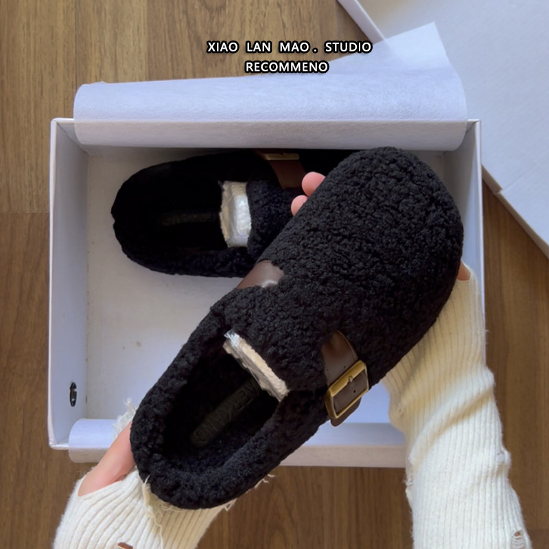 黑色绝美毛毛鞋女2025秋冬款时尚皮带扣加绒懒人一脚蹬厚底勃肯鞋,淘宝优惠券,粉丝福利购,淘宝优惠卷