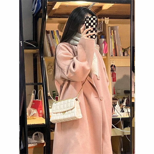 粉色毛呢外套女秋冬季中长款呢子大衣高级感小个子新年战袍过年会 - 图2