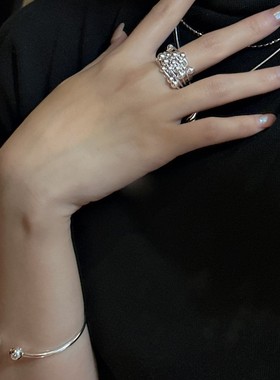 S925纯银韩版小众设计感多层线条珠珠戒指韩国东大门热卖款指环