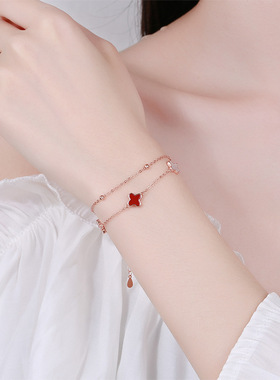 925纯银五花四叶草双层手链女小众ing轻奢白贝母黑玛瑙闺蜜手饰品