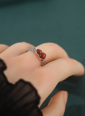 小葫芦钱币银戒指饰品新款925纯银女南红玛瑙复古做旧戒子食指戒