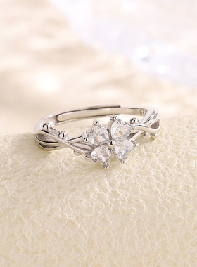 S999纯银荆棘花朵戒指女轻奢高级感小众时尚四叶草指环抖音小红书