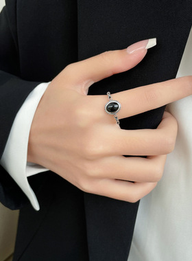 s925银戒高级复古食指女感玛瑙竹节做旧戒指花边戒子in黑饰品