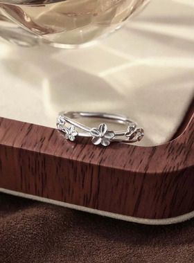 S999纯银滕条花朵戒指女森系设计甜美尾戒轻奢气质时尚活口食指戒