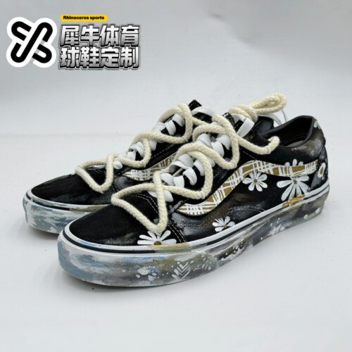 【定制球鞋】Vans Old Skool 复古雏菊 手绘 黑白色 VN000D3HY28 - 图0