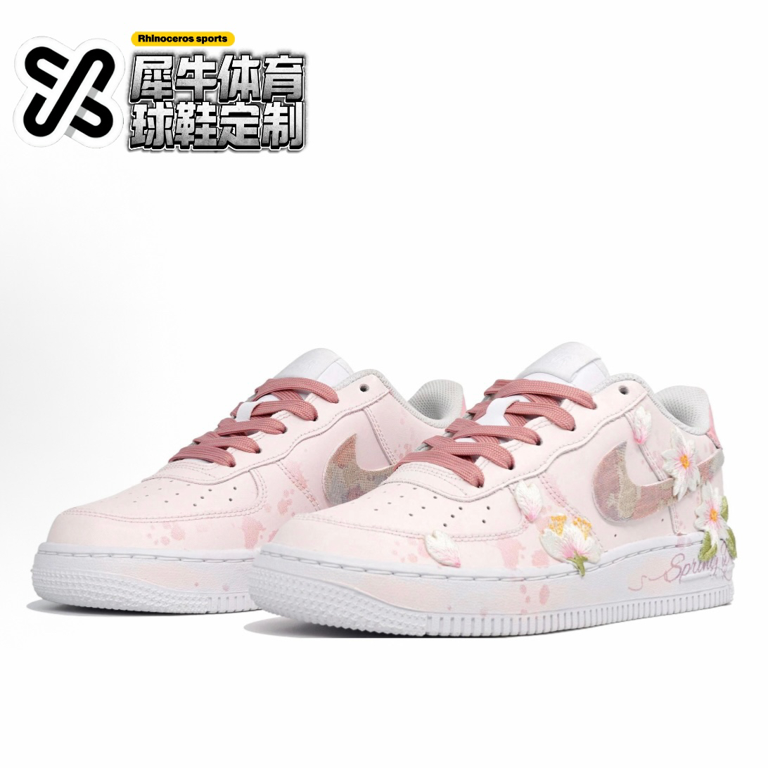 【定制球鞋】Nike Air Force 1春日 刺绣花朵贴布 粉红CW2288-111 - 图1