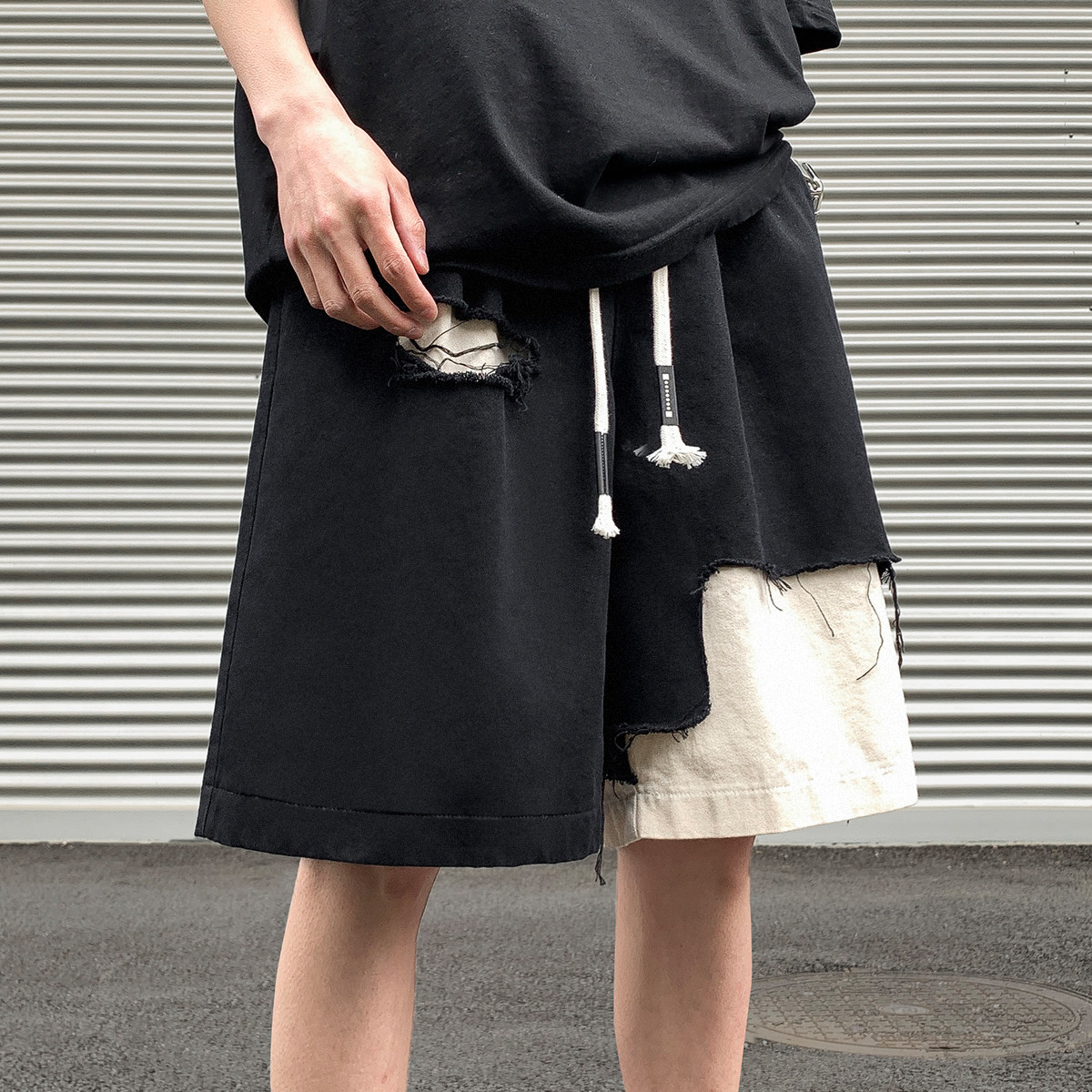 破洞毛边拼接五分短裤男加肥加大码潮牌胖子宽松直筒裤夏季装街头,淘宝优惠券,粉丝福利购,淘宝优惠卷