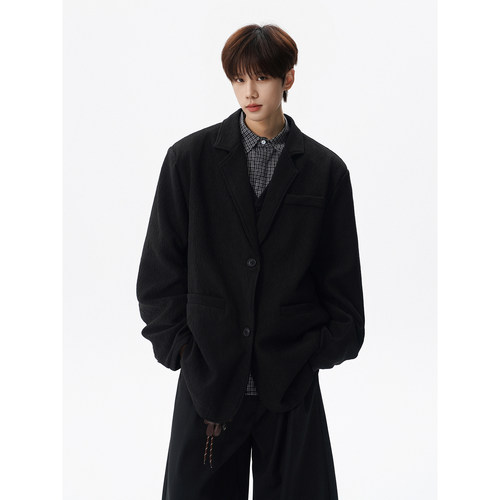 廓形肌理感西服男加肥加大码潮流胖子宽松复古痞帅街头春季装外套 - 图2