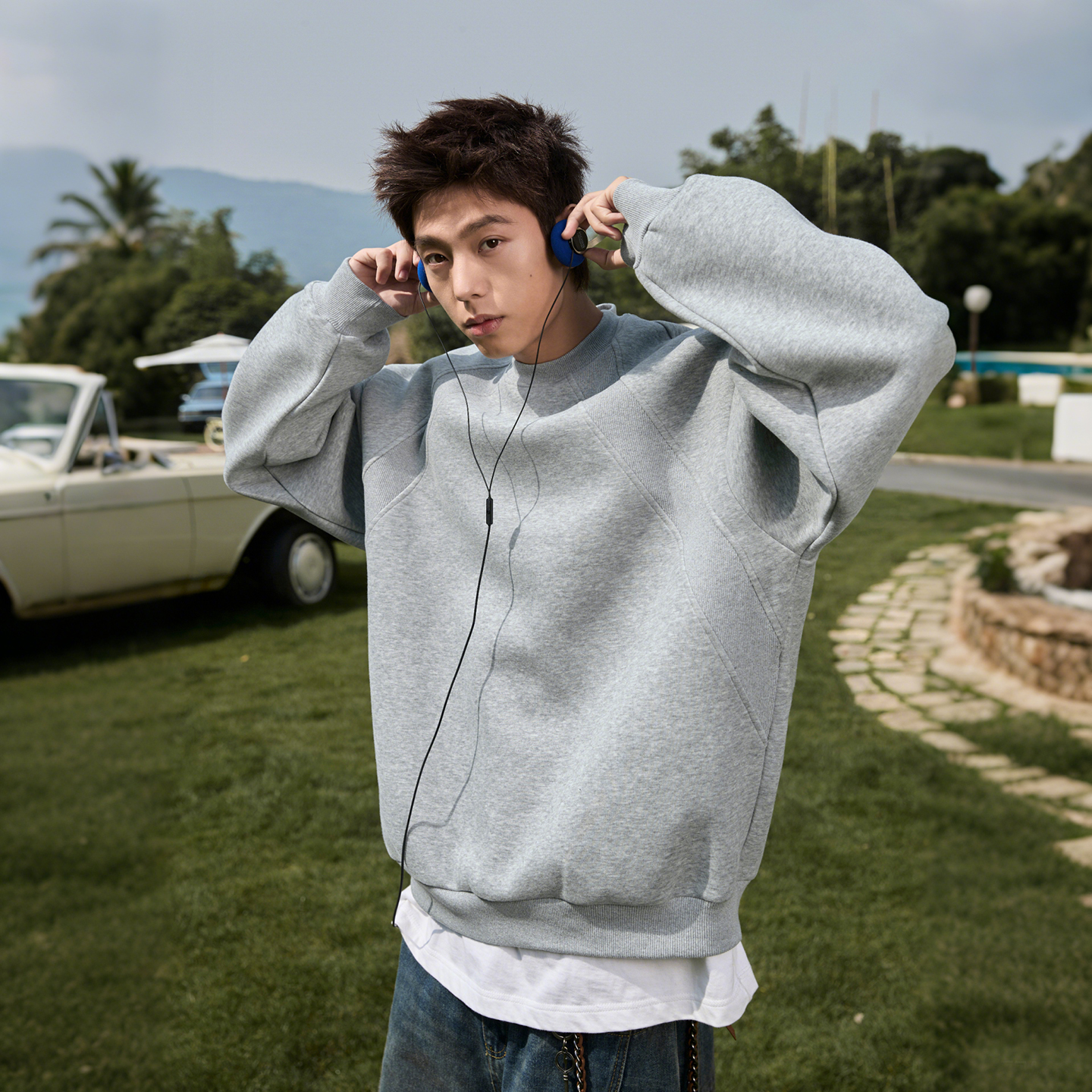 廓形套头衫纯色卫衣男加肥加大码潮胖子宽松运动秋季休闲长袖T恤 - 图2