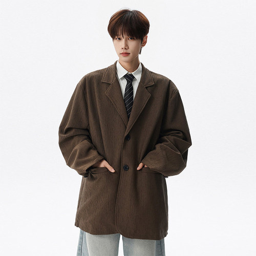 廓形肌理感西服男加肥加大码潮流胖子宽松复古痞帅街头春季装外套 - 图1