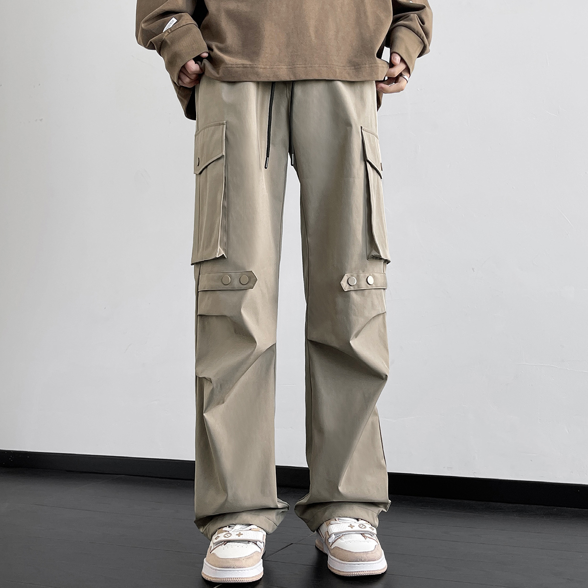 防泼水工装直筒裤男加肥大码长裤潮流胖束脚宽松美式机能高街春季 - 图0