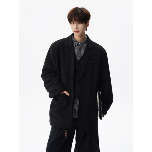 廓形肌理感西服男加肥加大码潮流胖子宽松复古痞帅街头春季装外套 - 图0