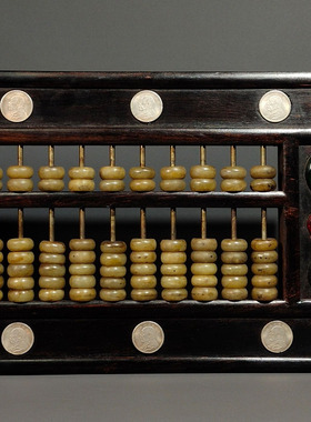 古玩实木收藏仿古做旧檀木镶嵌宝石铜银元白玉算盘家居摆件影视