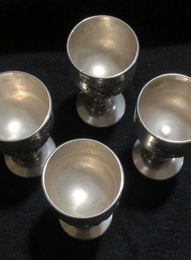 古玩铜器收藏仿古镀银白铜龙酒杯酒盅万字底家居摆件