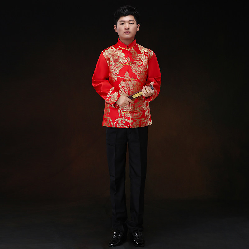 中式唐装外套男士大码中国风红色缎面长袖中山装司仪新年会演出服,淘宝优惠券,粉丝福利购,淘宝优惠卷