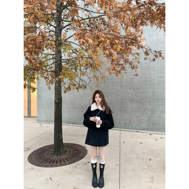 珍珍家赴约初雪全绵羊毛黑色拼毛毛翻领双面呢大衣中长款毛呢外套