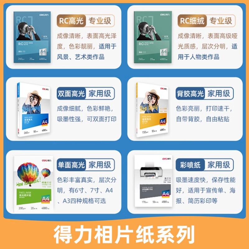 得力相片纸6寸7寸A4高光相片纸彩色喷墨打印机照片纸230g克4r5r哑光a4喷墨打印照片纸a3背胶单双面相片纸相纸