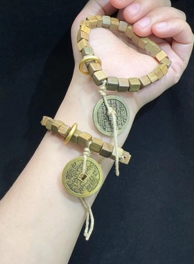 黑檀木绿檀木8MM方块手链搭配合金一枚山鬼钱手链简约时尚个性