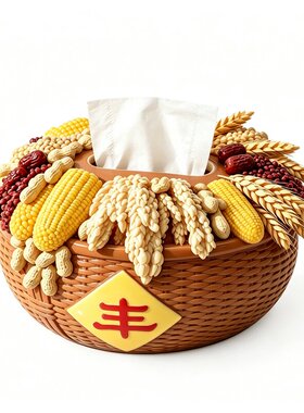 国风五谷丰登纸巾收纳盒轻奢抽纸盒玄关卧室车载多功能装饰品摆件