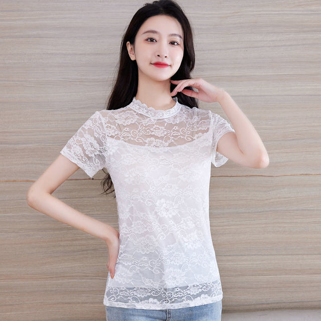 Summer lace ເສື້ອທີເຊີດແມ່ຍິງ sexy hollow ແຂນສັ້ນ