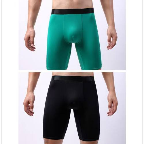 2条装 冰丝加长纯色男士运动防磨腿速干修身透气大码肥佬平角内裤 - 图2