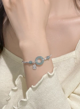 蓝水翡翠平安扣手链女925纯银新中式竹节串珠手串国潮喜乐手饰品