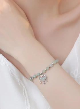 925纯银平安锁和田玉手链女新中式复古中国风串珠手串高级感手饰