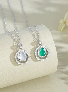 s925纯银圆环葫芦项链女绿玉髓锁骨链新中式福禄吊坠精致百搭银饰