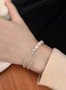 925纯银法式复古圆珠手链女爱心小众高级感巴洛克异形珍珠手串