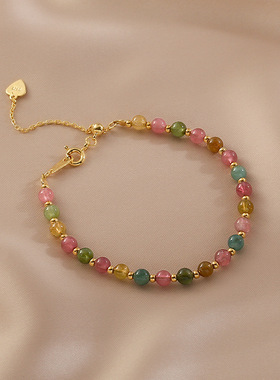 喜喜银饰天然小颗粒七彩碧玺手链桃花手串气质简约小众百塔女闺蜜