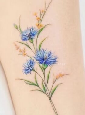 ins风蓝色花束蝴蝶纹身贴 防水不反光小众高级感彩色贴画