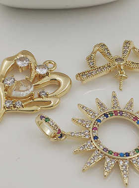 保色锆石大桃心吊坠蝴蝶结珍珠项链坠14K包金挂坠DIY首饰配件坠子