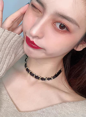 boione夏天复古小众设计黑金色pu皮编织项链女锁骨链辣妹潮酷配饰