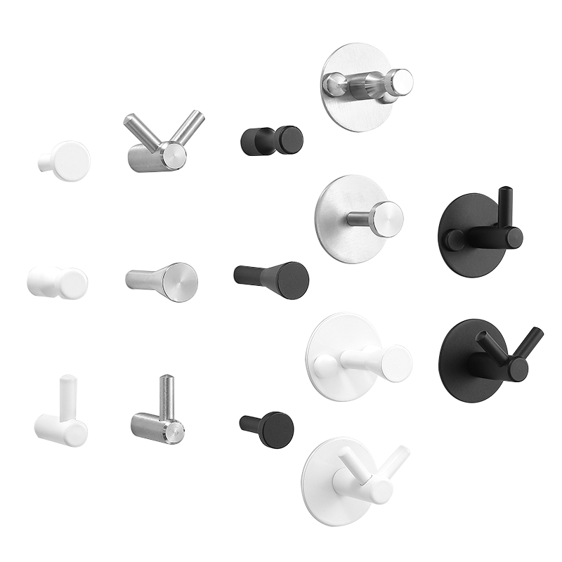 打孔墙壁木板不锈钢衣钩挂钩厨房浴室玄关单个白黑色免打孔钥匙钩