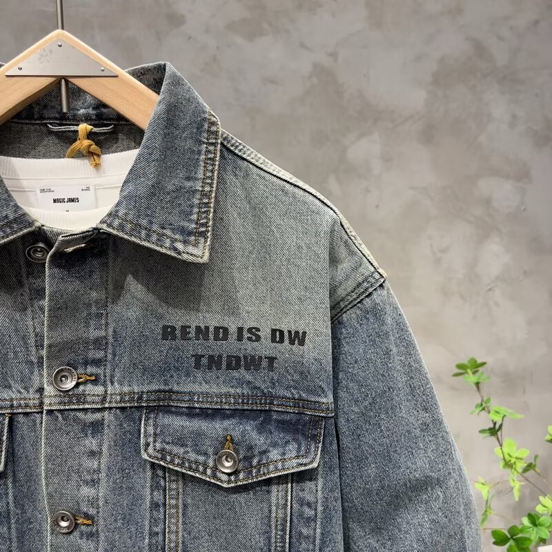 高端复古字母厚板硅胶印水洗牛仔外套男士春秋宽松美式工装夹克男 - 图0