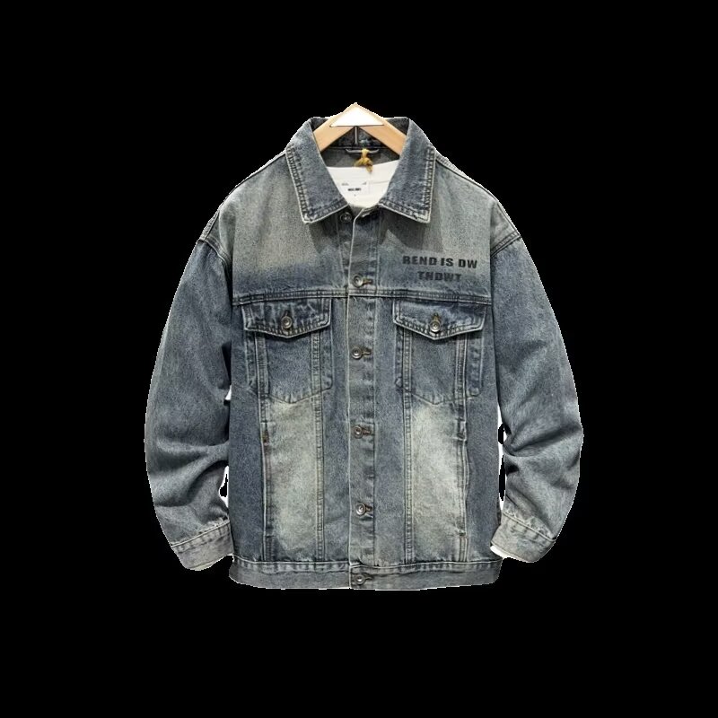 高端复古字母厚板硅胶印水洗牛仔外套男士春秋宽松美式工装夹克男 - 图3