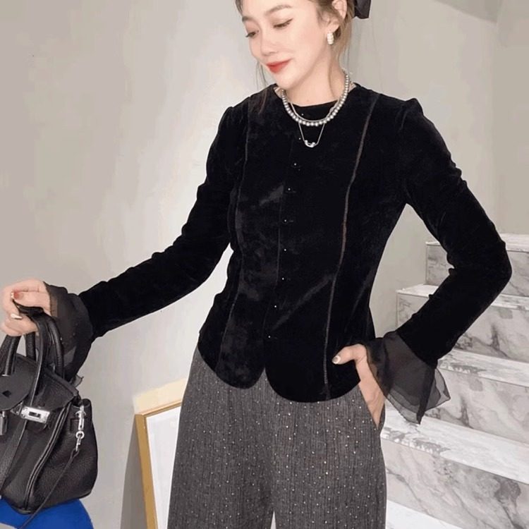 法式名媛小香风金丝绒衬衫女喇叭袖T恤打底衫潮黑色丝绒圆领上衣,淘宝优惠券,粉丝福利购,淘宝优惠卷