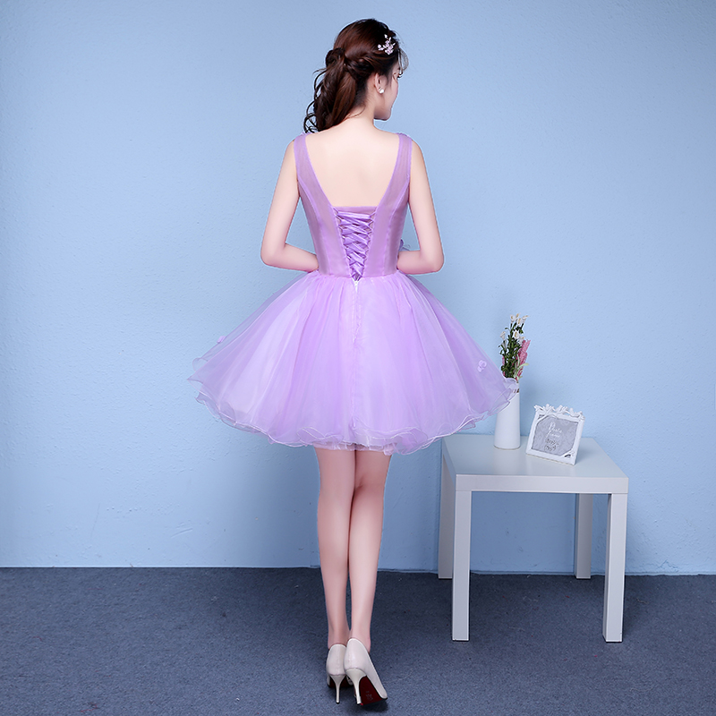 紫色晚礼服短款彩纱蓬蓬裙演出服伴娘服女宴会主持生日六一小礼服