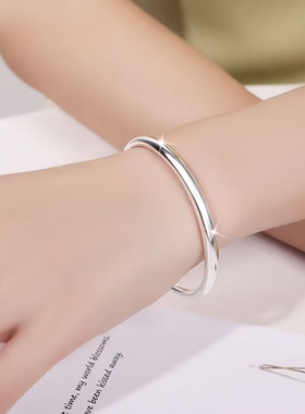 足银光面素圈手镯推拉手环送女友
