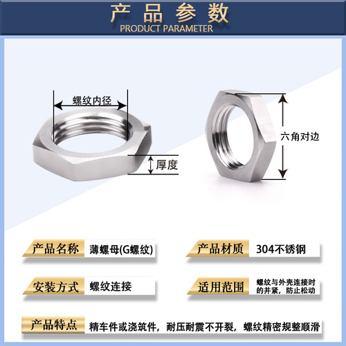 不锈钢304六角八角英制自锁薄螺母拼母G螺纹锁紧管螺纹并G1/2 4分 - 图0