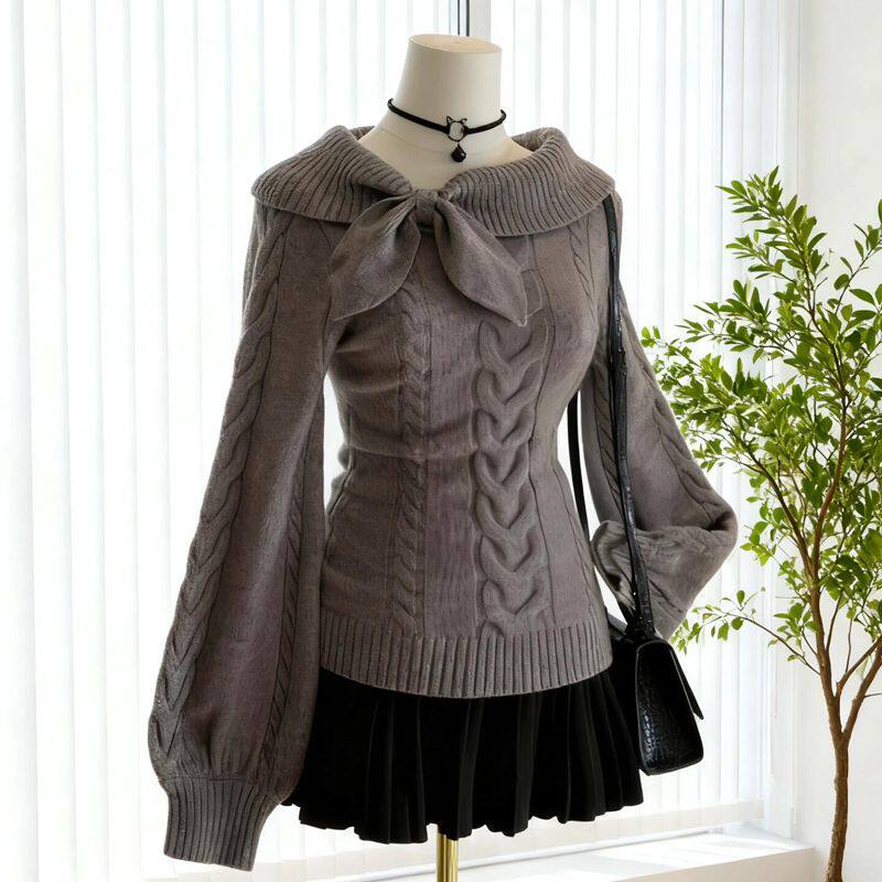 设计感麻花毛衣收腰修身显瘦上衣露肩一字肩兔耳红色灰色针织杉女,淘宝优惠券,粉丝福利购,淘宝优惠卷