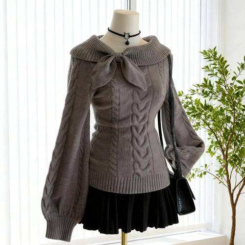 设计感麻花毛衣收腰修身显瘦上衣露肩一字肩兔耳红色灰色针织杉女 - 图3