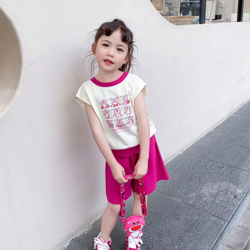 女童套装夏装2024新款儿童韩版洋气小众蝴蝶结上衣短裤小童两件套-图0