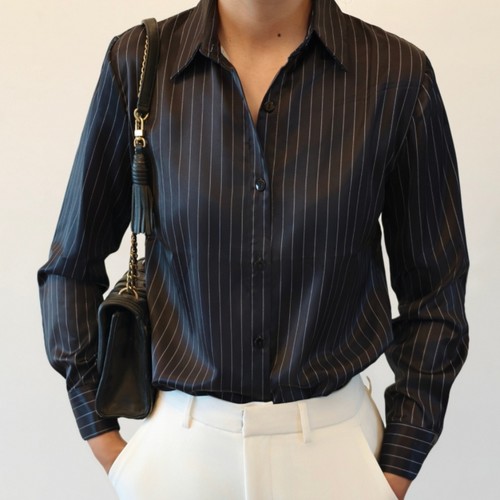 原创实拍衬衫女设计高级感重磅高端气质黑色条纹长袖衬衣职业OL风 - 图2