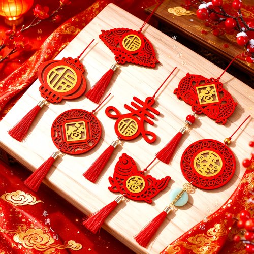 羊年春节新年街道盆景树木挂饰玄关双色木牌过年绿植公司布置 - 图0